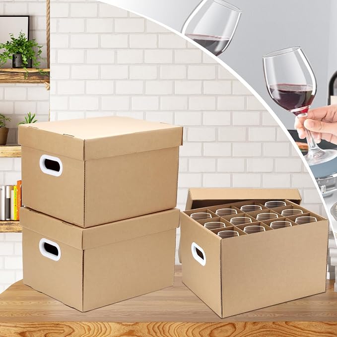 4 Pack Wine Glass Dish Moving Boxes with Handles and Lids | 15 x 12 x 10 Inches Moving Boxes with Lid Glassware Dish Packing Box Corrugated Dividers for Kitchen Dish Glassware, Brown - Image 3