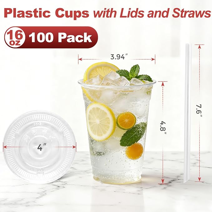 Ginkgo 100 Pack - 16 oz Clear Plastic Cups with Lids and Straws | Leak-Proof & Sturdy, Disposable Iced To Go Coffee Cups for Smoothie, Cold Beverages - Image 4