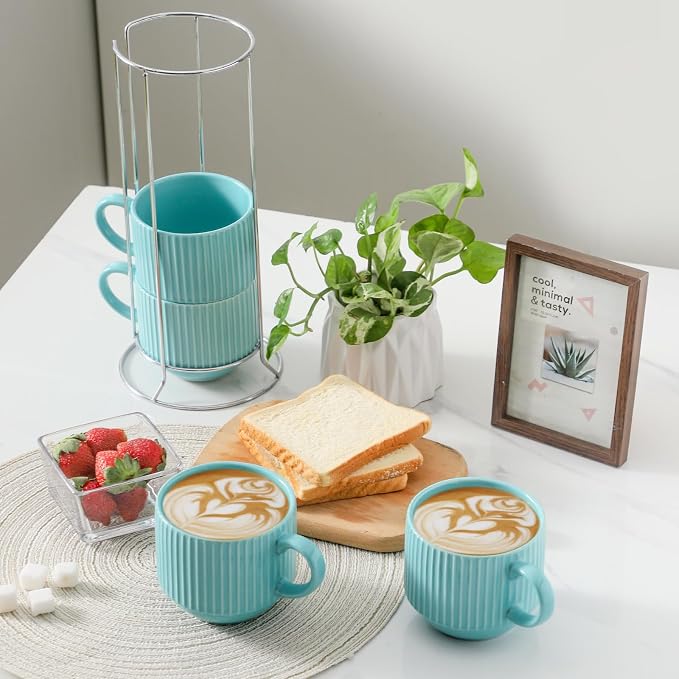 Hasense 15 oz Coffee Mug Set of 4 with Stand - Stackable Large Ceramic Ribbed Latte Cup Set for Cappuccino, Tea, Hot Cocoa, Drinks - Dishwasher & Microwave Safe, Turquoise - Image 2