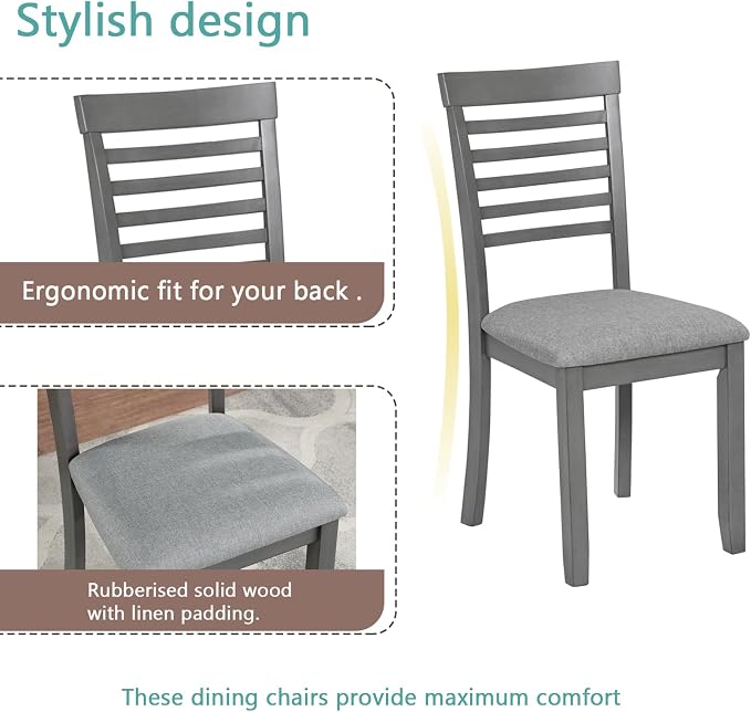 5-Piece Dining Table Set for 4, Kitchen Dining Table with 4 Soft Cushioned Solid Wood Chairs, Ideal for Home or Restaurant Use.(Gray_Medium) - Image 6