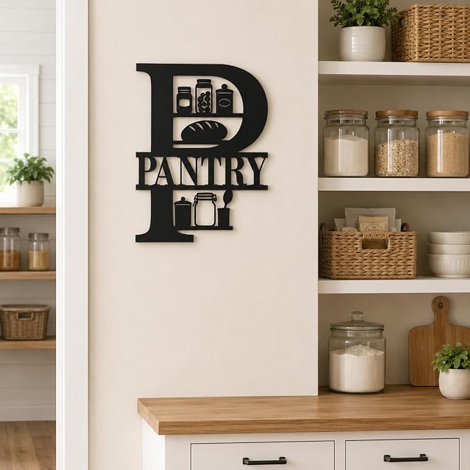 Pantry Metal Wall Decor, Farmhouse Kitchen Pantry Sign, 14 Inch | 14-inch matte black metal pantry sign with pre-drilled holes for farmhouse, rustic, modern, or industrial kitchen decor. - Image 3