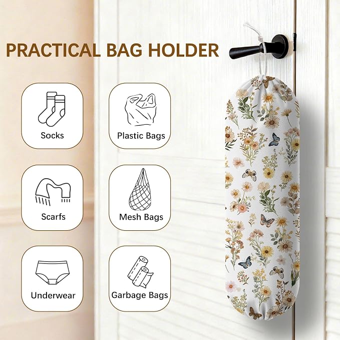 Plastic Bag Holder Butterfly Floral Bag Holder Dispenser, Plastic Grocery Bag Organizer & Wall Mount Paper Trash Bags Saver Storage for Kitchen Home Pantry Decor, Shopping Bags Storage Dispenser - Image 4