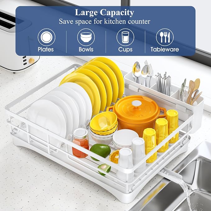 SNTD Dish Drying Rack for Kitchen Counter, 11.8" W x 16.7" L, White | Rustproof Stainless Steel, Large Capacity, Self-Draining Drainboard, Rotating Spout, Removable Utensil Holder - Image 2