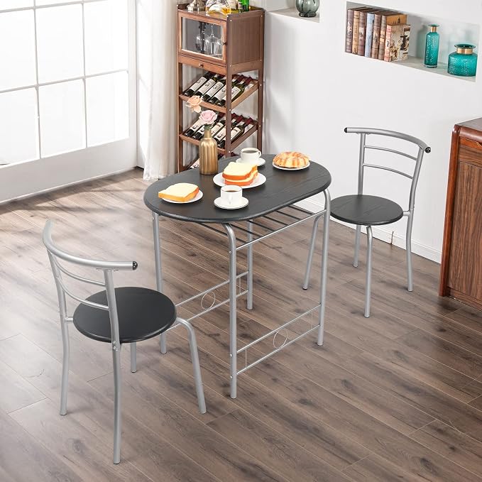 VINGLI 3 Piece Dining Set,Small Kitchen Table Set for 2,Breakfast Table Set,Kitchen Wooden Table and 2 Chairs for Small Space/Dining Room/Apartment,Metal Frame,Wine Rack,Sliver&Black - Image 3