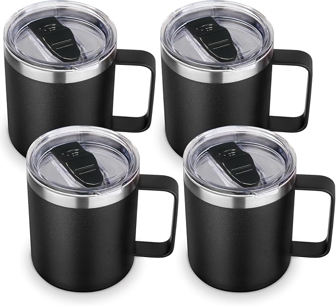 Volhoply 14oz Insulated Stainless Steel Coffee Mug with Lid Bulk 4 Pack,Double Wall Vacuum Travel Coffee Cup with Handle,Reusable Metal Cups Tumbler,Camping Mugs Keep Hot,Ideal Gifts(Black,4) by LiveFully%EF%BC%8CDrinkFreely%E2%80%94KeepGoingwithVolhoply%EF%BC%81