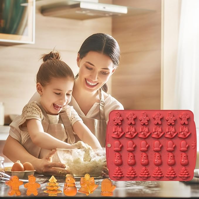 2 Pcs Christmas Silicone Molds 3D Christmas Chocolate Silicone Mold 60 Cavity Small Baking Molds with Elk Snowman Bells Shape Molds Used for Making Candy Jelly Ice Cube Dog Treats