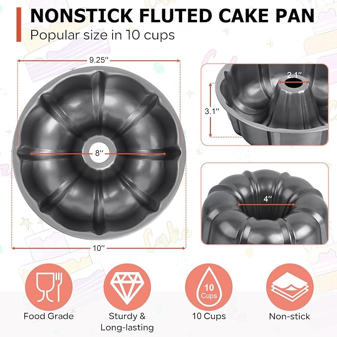 TeamFar 10 Inch Nonstick Cake Pan, 10 Cups Fluted Tube Cake Pan for Baking | Heavy Duty Carbon Steel Round Baking Tray for Making Jello/Monkey Bread/Chocoflan, Non Toxic, Easy Clean - Gray - Image 2