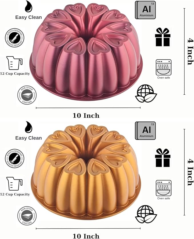 Heart Shape Aluminum Cake Pan, Titanium Coating, Non-Stick, 12 Cups, Gifts for Mom, 10 Inch Baking Mold, Cast Aluminum Fluted Tube Pan, Easy to Clean (2-Pack, Red-Gold) - Image 3