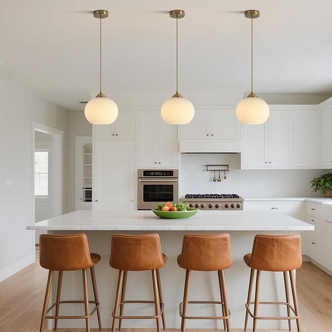 KCO Lighting Modern Brass Gold Globe 7.9” Ribbed Milk Glass Pendant Light | Small E26 Adjustable Cord Hanging Lamp, Mid Century Vintage Ceiling Light Fixture for Kitchen Island Dining Room Bedroom Bar - Image 4