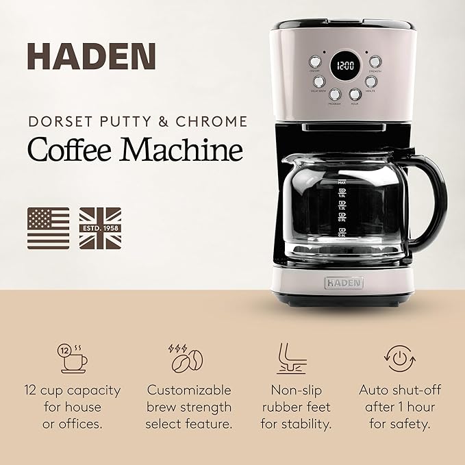 HADEN 12-Cup Programmable Coffee Maker for Home or Office, Putty & Chrome – Drip Brewer Machine with Brew Strength, Delay Brewing, Auto Shut-Off and Reusable Washable Water Filter - Image 2