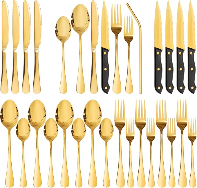 Astercook 24-Piece Silverware Set with Steak Knives Gold Flatware Set for 4 Food-Grade Stainless Steel Cutlery Set Mirror Polished Utensils Set Include Spoons and Forks for Home Kitchen Restaurant by Astercook
