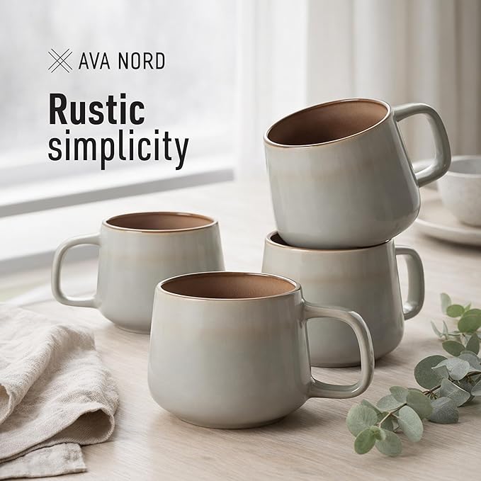 Ava Nord Stoneware Ceramic Coffee Mugs Set of 4-12 oz - Sage Ash | Lead-Free, Non-Toxic, Freezer - Microwave & Dishwasher Safe, Comfortable Handle, Aesthetic Nordic Design for Tea, Latte - Image 7