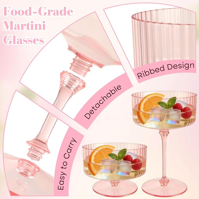 PLULON 6 Pcs Pink Champagne Martini Glasses Set 10 Oz Plastic Ribbed Coupe Cup, Cocktail Glasses Champagne Cup Tower Vintage Margarita Glassware for Clubs Gifts Wedding Bachelor Party Outdoor Events - Image 4
