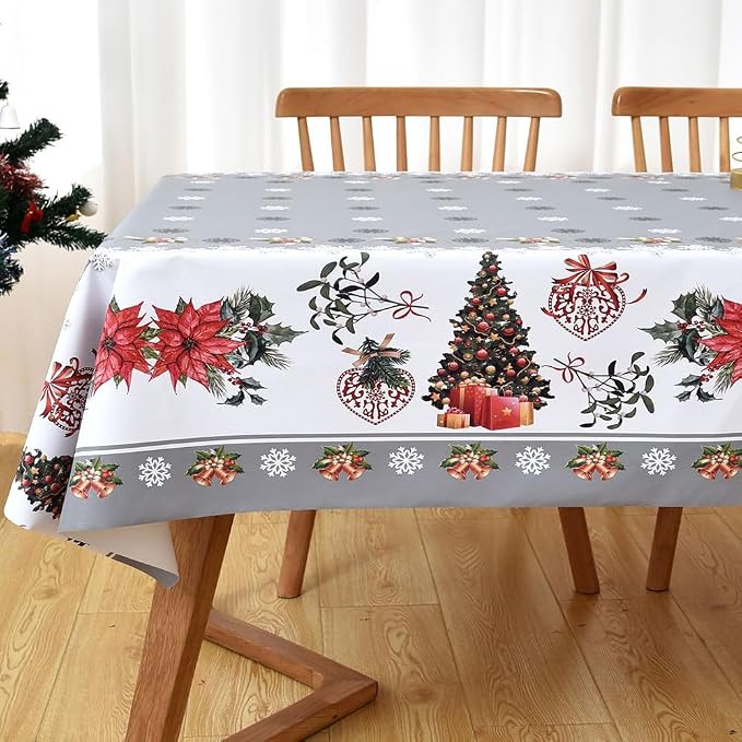 Christmas Table Cloth Rectangle Heavy Duty Vinyl Grey Christmas Tablecloth Plastic Reusable Santa Tablecloth Wpieable Waterproof PVC Xmas Table Cover for Dining Party New Year(Gray, 54"x78") - Image 6