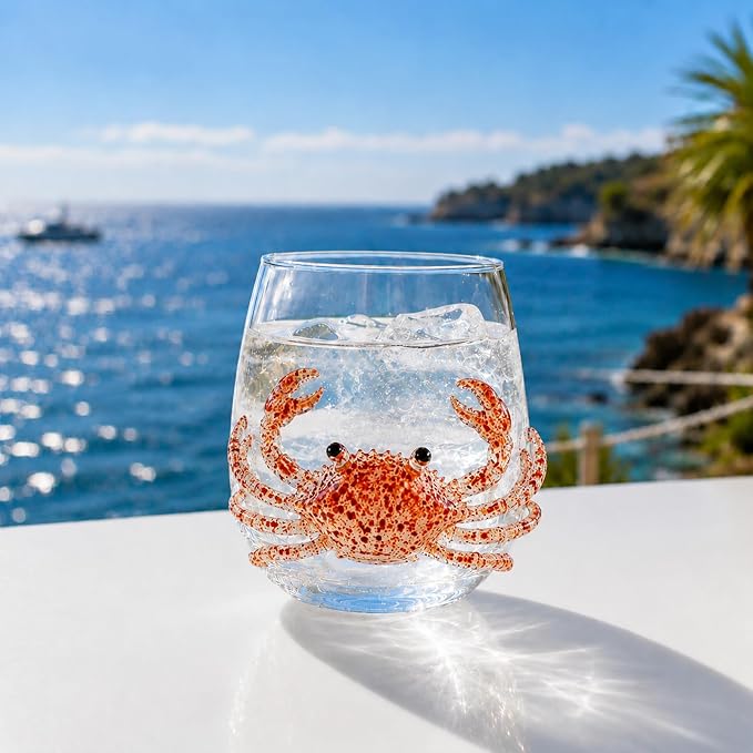 Coastal Stemless Wine Glasses Set of 4, 12oz 3D Ocean Animal Artisan Glassware Collection with Unique Sea Life Designs (E - Set of 1) by Lifmagic
