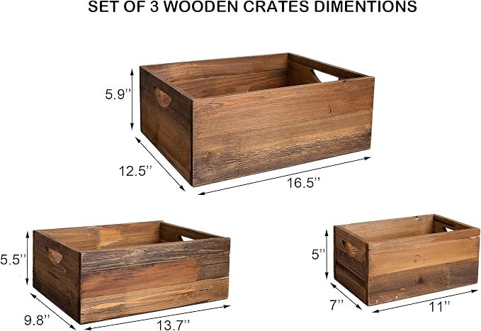 TIMRIS Set of 3 Rustic Distressed Wood Nesting Crates, Farmhouse Decorative Wooden Storage Boxes, Vintage Reclaimed Wood Baskets for Display (Natural) - Image 5