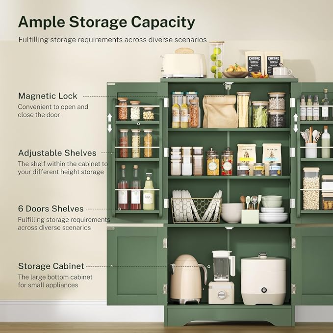 TEENFON 43" H Storage Cabinet with 4 Doors, Kitchen Cabinet with 6 Door Shelves, Kitchen Pantry Cabinets for Living Room, Dining Room, Bathroom, Forest Green - Image 4