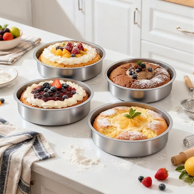 Ohtomber 8 Inch Stainless Steel Layer Cake Pan, Set of 4 | Stackable, Even Heating, Dishwasher Safe & Non-Toxic, Ideal for Birthday, Wedding & Christmas Holiday Baking - Image 4