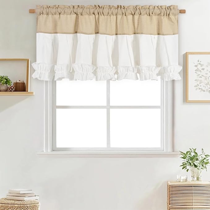Likiyol Linen Valances for Windows Farmhouse Ruffle Valance Rustic Country Window Valances Light Filtering Kitchen Curtains Rod Pocket Valance Curtains for Bathroom Cafe, Linen White, 52" W X 18" L - Image 9