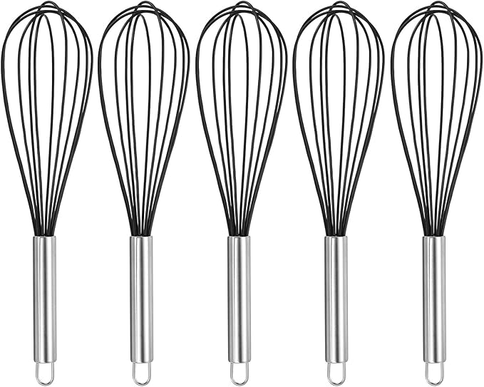 HARFINGTON 5Pcs Silicone Whisk 12" Kitchen Whisk Wire Whisks Beater with Stainless Steel Handle for Egg Milk Whisking Blending Beating & Stirring, Black