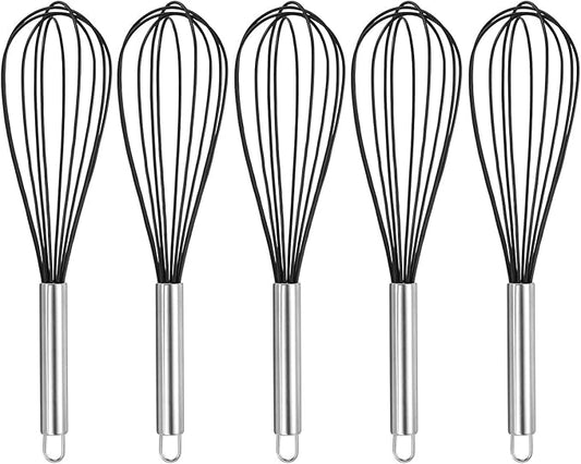 HARFINGTON 5Pcs Silicone Whisk 12" Kitchen Whisk Wire Whisks Beater with Stainless Steel Handle for Egg Milk Whisking Blending Beating & Stirring, Black