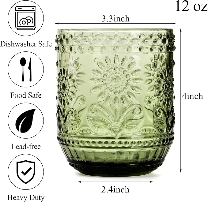 Hacaroa Set of 6 Vintage Drinking Glasses, 12 Oz Green Colored Glassware Floral Embossed Water Glasses, Decorative Beverages Tumblers for Cocktail, Whiskey, Beer - Image 2