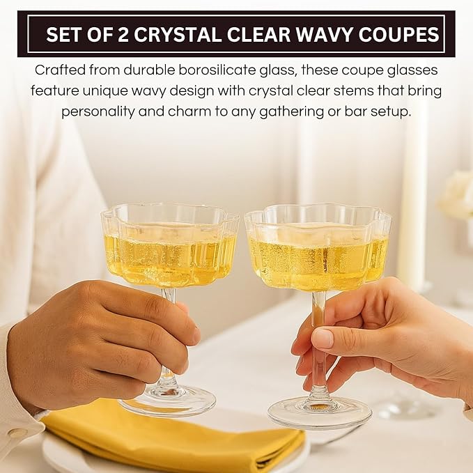 Khen Vintage Wavy Glass Coupes Martini, Champagne & Cocktail Coupes - Set of 2-7oz Colorful Cocktail Glasses & Champagne, Prosecco, Mimosa Glassware Copyright Design - Crystal Clear - Image 3