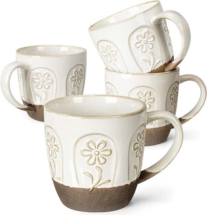 Artena Ceramic Coffee Mugs Set of 4, 16oz Embossed Large Latte Mugs Coffee Cups with Handle for Tea, Latte, Cappuccino & Cocoa, Milk Dishwasher & Microwave Safe, White (Pinwheel Flower) by Artena