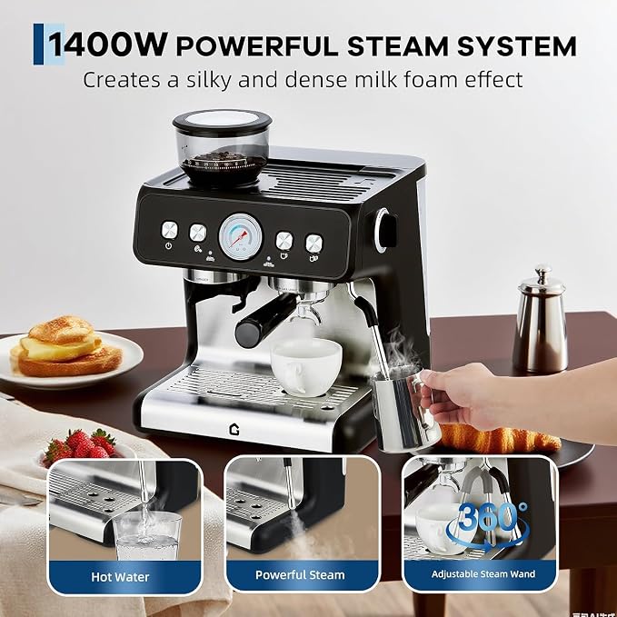 Espresso Machine with Grinder, 20 Bar Semi Automatic Espresso Maker with 30-Setting Precision Coffee Grinder & Steam Wand, 1450W Coffee Machine with 2.8L Water Tank for Home - Image 5
