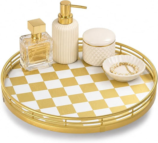 AMH 10-Inch Gold Checkerboard Lazy Susan Vanity Tray with Metal Rail | Smooth rotating oak tray with walnut finish for dining tables, kitchen counters, pantries and cabinet storage. by AMH