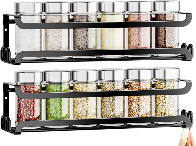 LUCYCAZ 2 Pack Wall Mounted Spice Rack for Spice Jars & Seasonings (Black) | 8 Metal Hooks, Space-Saving,Screw or Adhesive Spice Shelf Hanging,for Kitchen Cabinet,Pantry Door,RV,Camper Spice Orgnaizer by LUCYCAZ