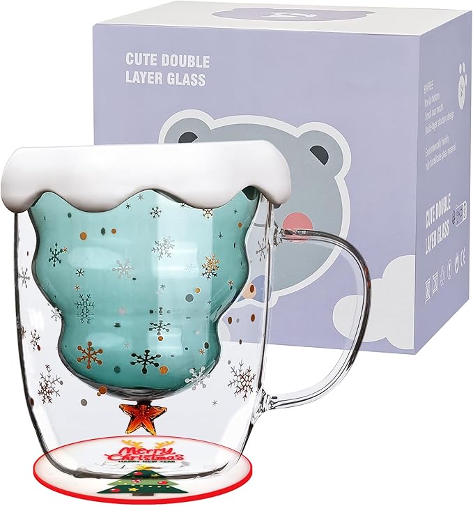Christmas Tree Mugs with Lid - Double Wall Insulated Glasses - Espresso Cup & Cute Mugs for Women, Men & Kids