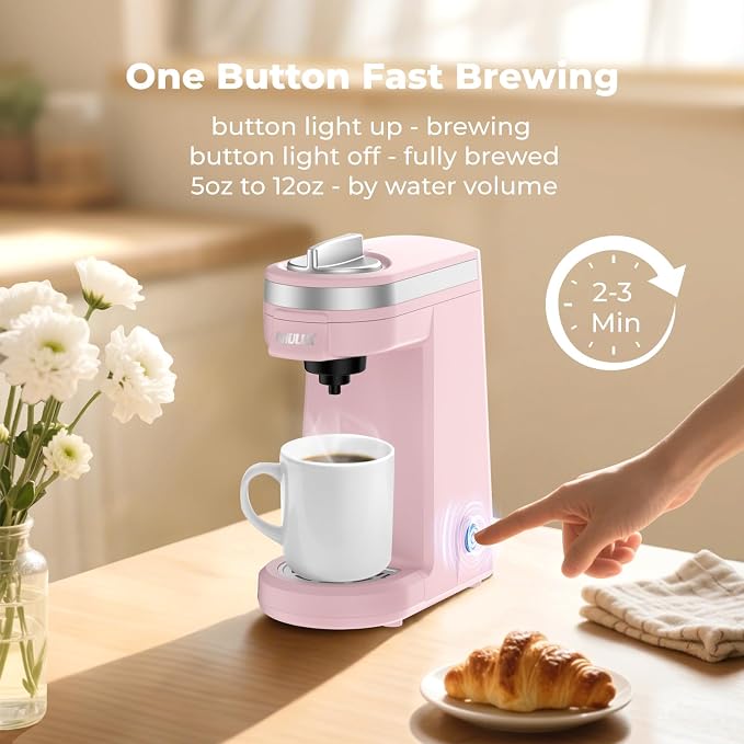 CHULUX Mini Single Serve Coffee Maker for K Cup, Fast Heating, Dusty Rose | Fast-Heating Boiler System, Single Cup Brewing, Portable Compact Design, Four-Hole Multi-Stream Needle, Adjustable Drip Tray - Image 5