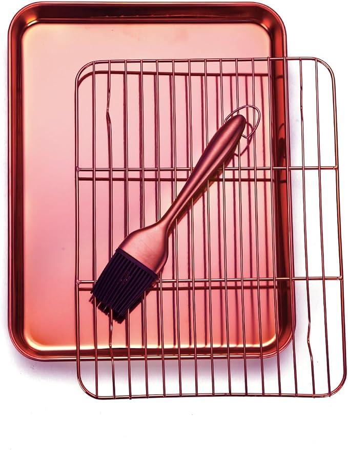 DOCBLACK Baking Sheet with Wire Rack and Silicone Pastry Basting Brush Set, Stainless Steel Cookie Sheet Baking Tray & Cooling Rack &Silicone Food Brush for Cooking and Oven, Dishwasher Safe-SunsetRed by BOCBLACKKITCHENACCESSORIES
