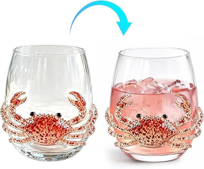 Ocean Themed Crab Hand-Blown Coastal Glassware for Birthday & Holiday Gifts | Ocean Themed Octopus Glassware Hand Blown Coastal Stemless Wine Glasses Unique Coastal Decor Gift for Ocean Lovers - Image 7