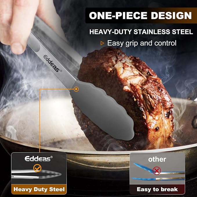 Kitchen Tongs Up To 600°F Silicone Tongs for Cooking 7,9,12 in Grey | Heat Resistant 600 Degrees,Heavy Duty Stainless Steel Locking Tong for Cooking with Silicone Tips Non-Stick Grey - Image 2