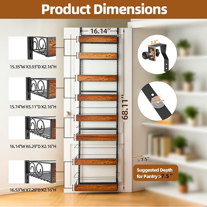 Over the Door Pantry Organizer, 8-Tier Metal Hanging Spice Rack with Adjustable Basket for Kitchen Storage - Image 3