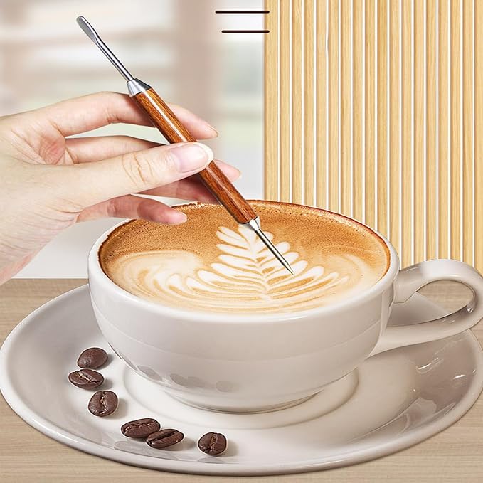 2 PCS Latte Art Pen Cinnamon Pen for Coffee,Stainless Steel Coffee Art Pen Coffee Fancy Stitch,Dual-Ended Latte Art Pen,Barista Coffee Latte Art Tools, Coffee Latte Needle with Wood Handle