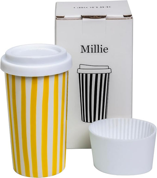 Ceramic Travel Mug with Lid (12 oz) – Cute Coffee Cup for Women & Men, Bright Aesthetic Travel Mug, Microwave & Dishwasher Safe, Fits Car Cup Holder (Yellow) by Giroflier
