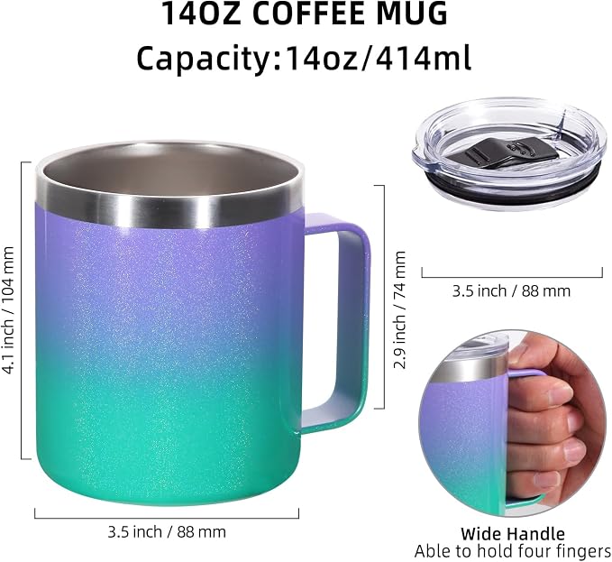 Volhoply 14oz Insulated Stainless Steel Coffee Mug with Lid Bulk 2 Pack,Double Wall Vacuum Travel Coffee Cup with Handle,Reusable Cups Tumbler,Camping Mugs Keep Hot,Ideal Gifts(Purple Green,2) - Image 2