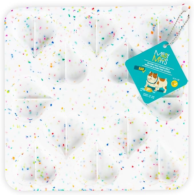 Messy Mutts Silicone Bake & Freeze Treat Making Mold | 12 Heart Shaped 1 oz Molds | 9" x 9" Tray | Dishwasher, Freezer, Oven Safe | Confetti
