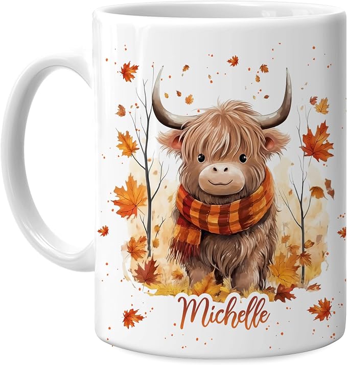 Hyturtle Personalized Fall Highland Cow Maple Leaves Coffee Mug Décor | Birthday Gifts For Cow Lovers - Fall Autumn Gifts For Farmhouse Thanksgiving - Custom Name 11oz White Ceramic Coffee Tea Mug by Hyturtle