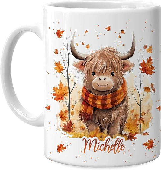Hyturtle Personalized Fall Highland Cow Maple Leaves Coffee Mug Décor | Birthday Gifts For Cow Lovers - Fall Autumn Gifts For Farmhouse Thanksgiving - Custom Name 11oz White Ceramic Coffee Tea Mug by Hyturtle