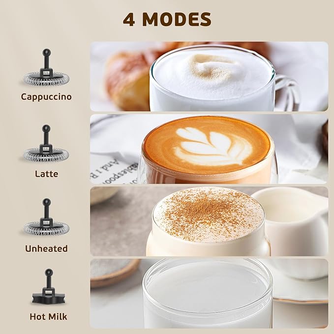 Milk Frother, 4 in 1 Electric Milk Frother and Steamer, Stainless Steel Automatic Hot and Cold Foam Maker with Temperature Control for Coffee, Latte, Hot Chocolate, Cappuccinos, Macchiato, Black