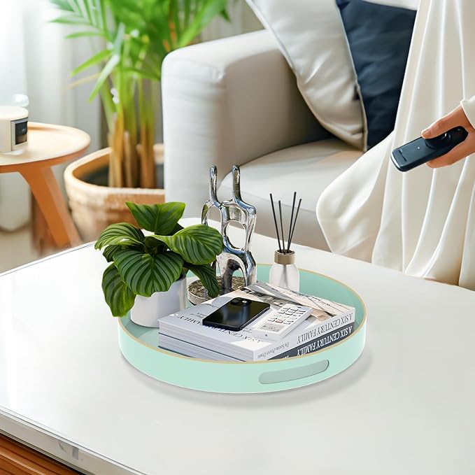 MAONAME 13" Mint Green Decorative Tray, Round Serving Tray with Handles | Plastic Decorative Tray for Coffee Table, Modern Ottoman Tray, Circle Tea Tray, Round Melamine Tray for Living Room, Bathroom - Image 5