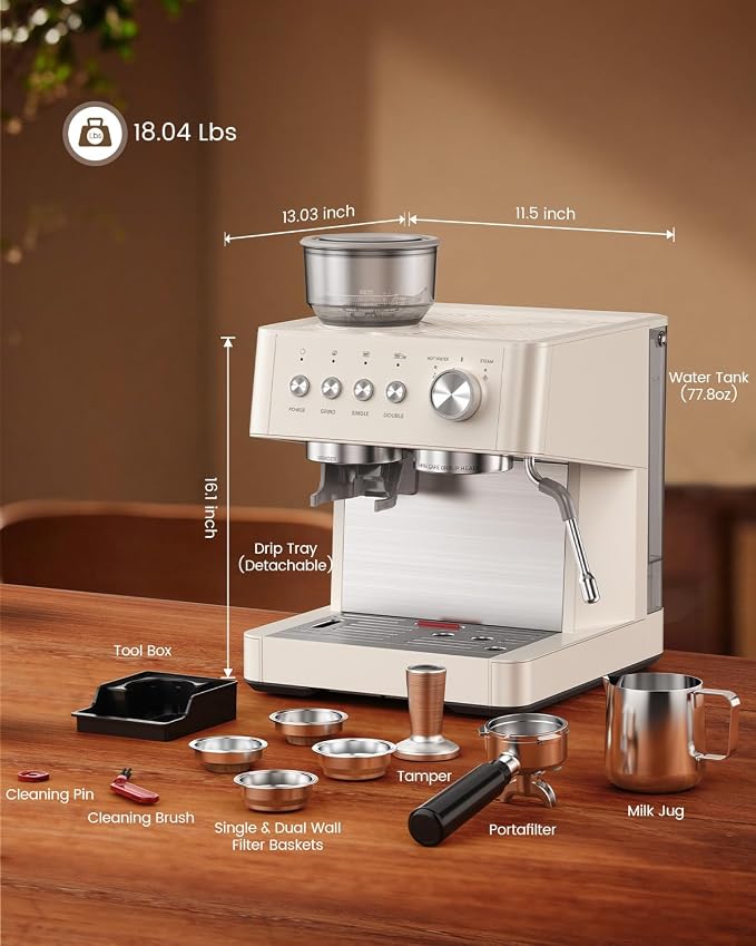 (2026 Upgrade) Espresso Machine with Grinder, 15 Bar Expresso Coffee Machines, Professional Coffee Maker for Latte&Cappuccino with Milk Frother, Expresso Machines for Home Descaling Kit Included White - Image 6