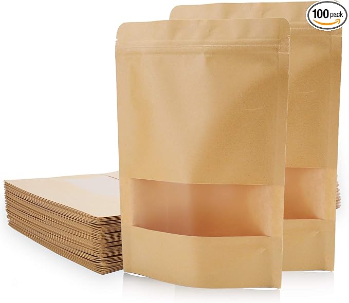 Kingrol 100 Count 7 x 10.25 Inch Kraft Paper Bags with Resealable Lock Seal Zipper &Transparent Window, Stand Up Food Bags by Kingrol