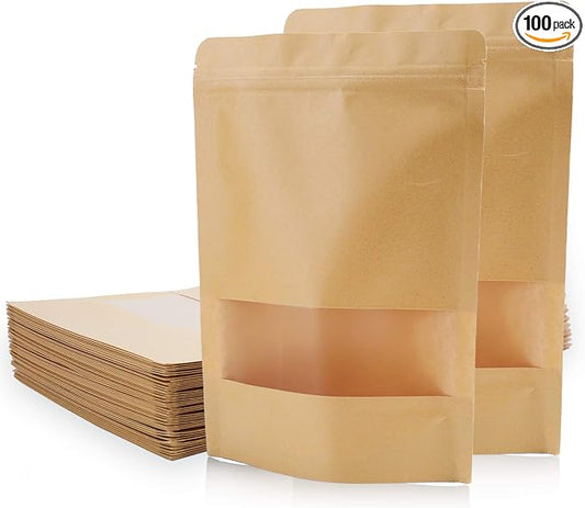 Kingrol 100 Count 7 x 10.25 Inch Kraft Paper Bags with Resealable Lock Seal Zipper &Transparent Window, Stand Up Food Bags by Kingrol
