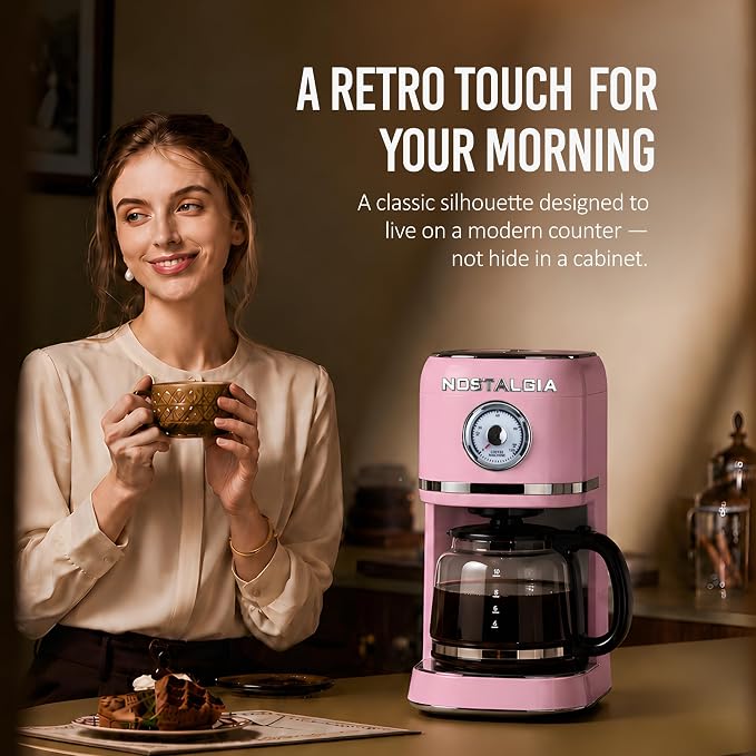 Nostalgia Classic Retro 10 Cup Coffee Maker - One-Touch Drip Brew, Reusable Filter - Anti-Drip, Auto Shutoff, & Time Display - Dishwasher Safe 50 oz Carafe - Pink - Image 6