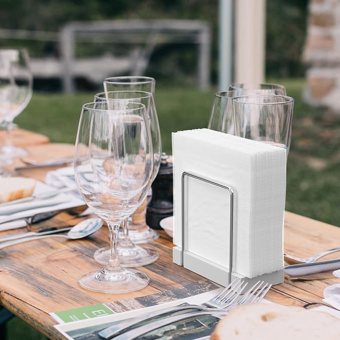 Wican Napkin Holder for Table, Bamboo Iron Standing Napkin Dispenser | Kitchen Dining Table Farmhouse Cocktail Picnic Rustic Wood Holders, Mail Bills, Suitable Dining Room Decors, Silvery & White - Image 4